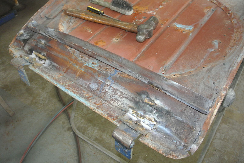 boot lid stripped for repair- inner and outer skins had to be separated to replace outer skin. Inner was dented and rusty but salvageable. Hinges were unusable.